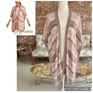 Chico’s Cardigan Ruana Wrap Pink Multi Textured Striped Kimono Sleeve S/M